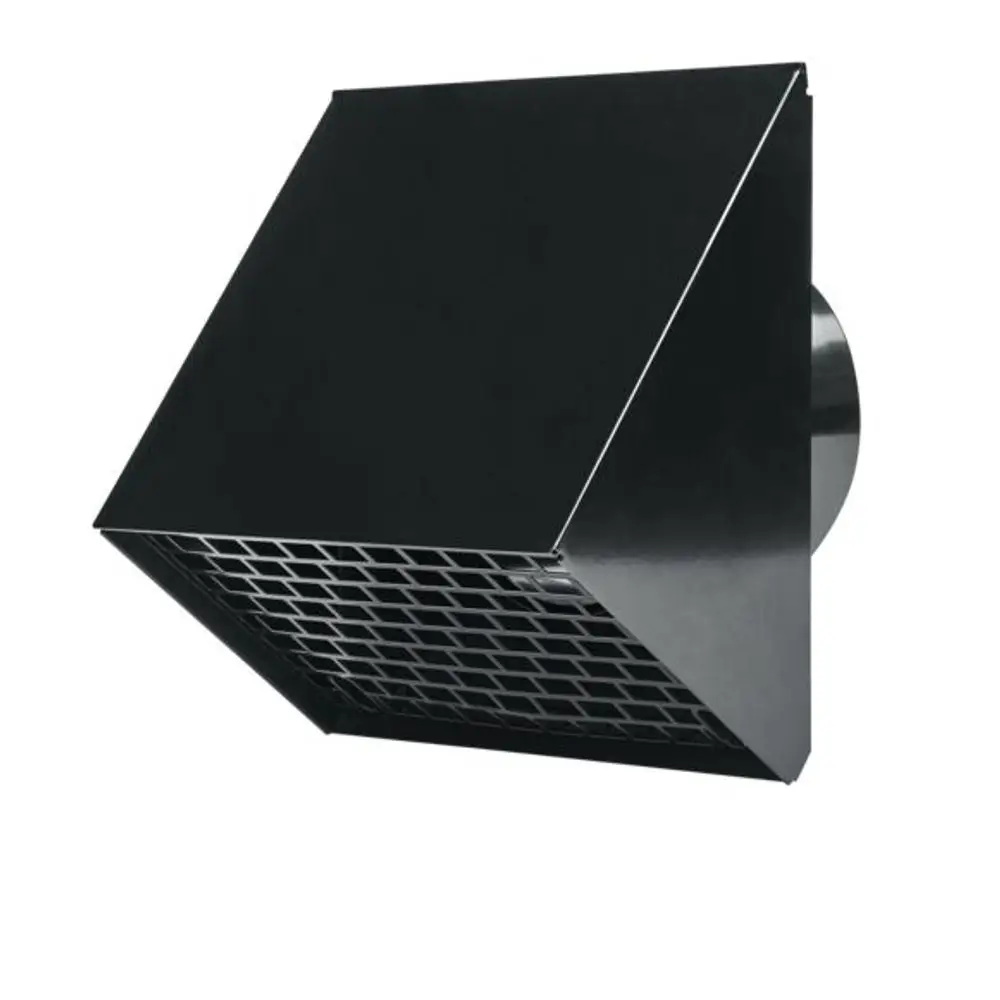 Schwarze Stiebel Eltron Außenwanddurchführung LWF LG 200 mit Gitter an der Unterseite und rundem Anschlussstück an der Seite.